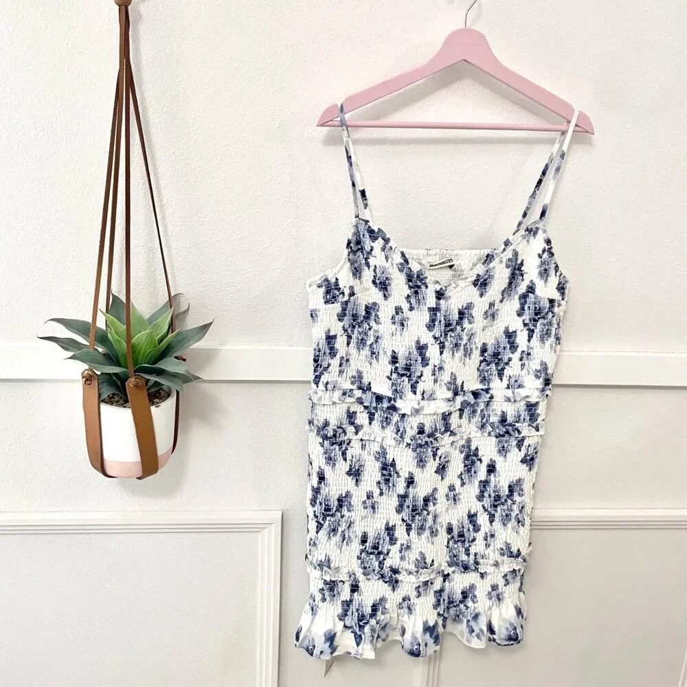 NWT Abercrombie & Fitch Smoked Floral Mini Dress XXLT Ivory Blue